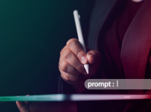 A woman stands holding a tablet and a stylus with a floating prompt bar waiting for an entry