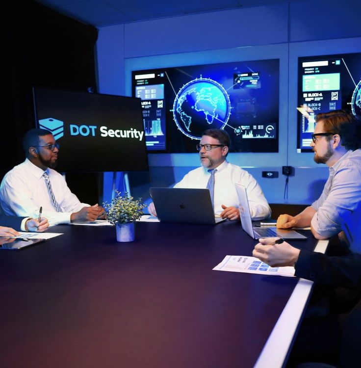 Businessmen at a table with maps and charts in the background | Cybersecurity Services