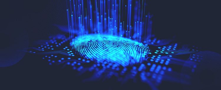 fingerprint authentication on blue digital background