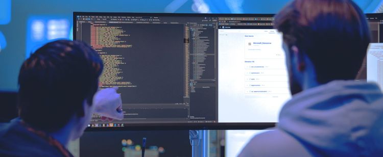 two people looking at a computer monitor | what do you need to build an in-house cybersecurity team