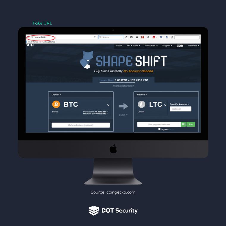 A lookalike website made to look lie an official crypto trading page has the wrong URL. | Top 6 Holiday Scams | DOT Security