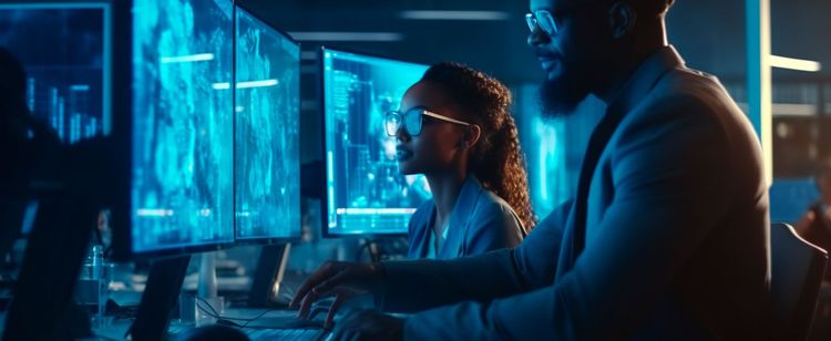 two people working in dark at computer | top programs available to boost cybersecurity training for your employees