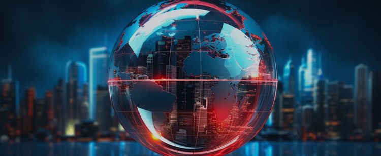 Cybersecurity News JUNE2023 | A globe with a city scape both within the sphere and against the background.