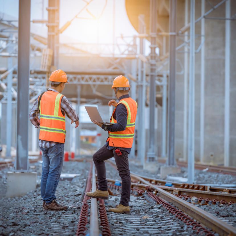 Two construction workers in safety vests looking over worksite with clipboard