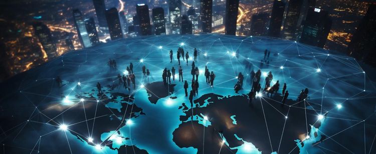 Digitized globe with people walking about.