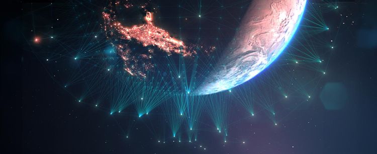 A view of the globe from space with visualized digital connections 