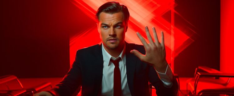 Man in a suit and tie holding up his hand, but his hand is reversed with knuckles on the front.