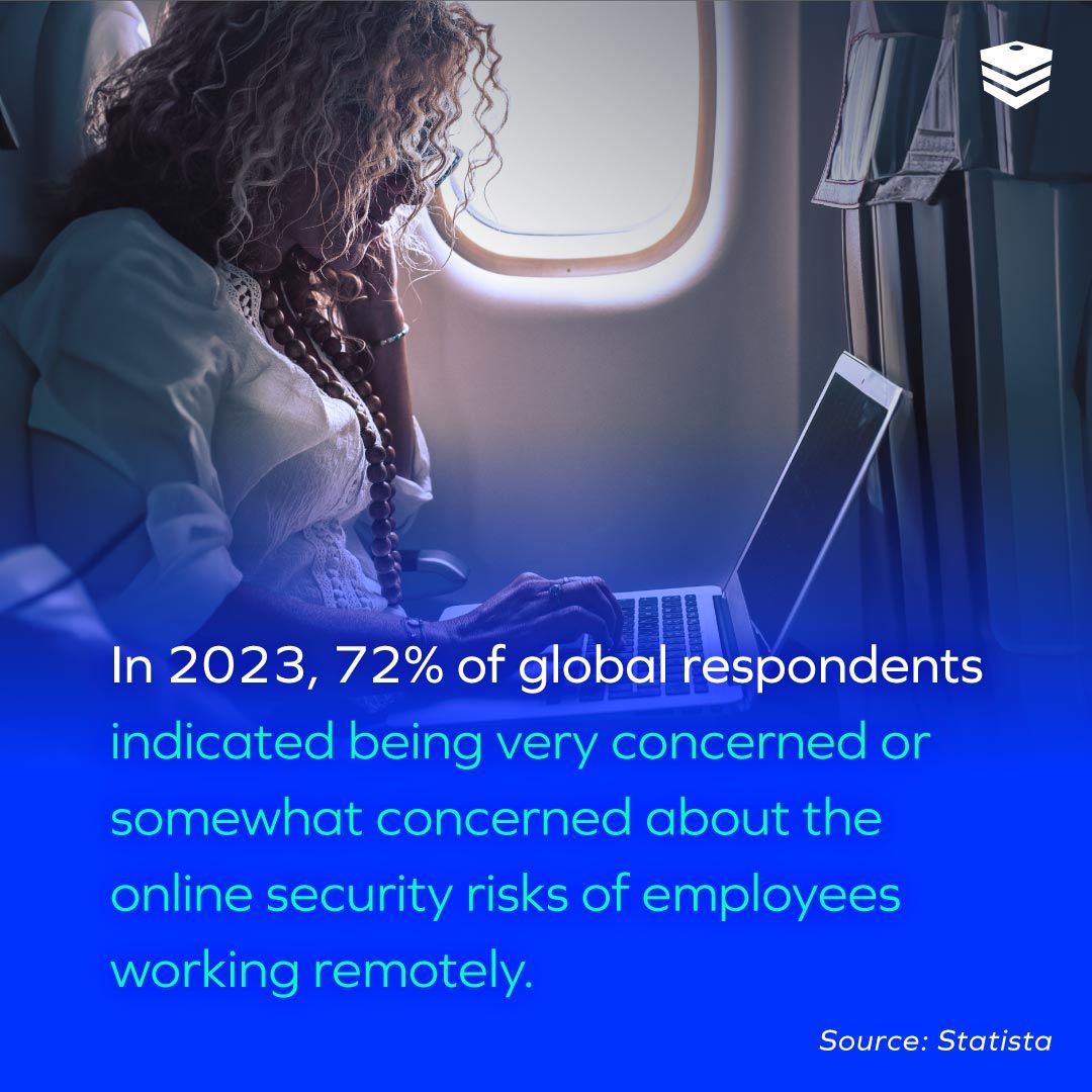 Woman on an airplane on a laptop | Online security risk of remote worker stat overlayed