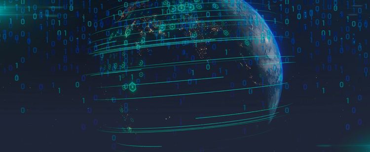 A matrix of numbers falling down a sphere with the DOT Security logo in the center 