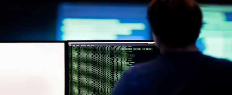 A person sitting in front of duo monitors. One white, one with green code scrolling across a black background.