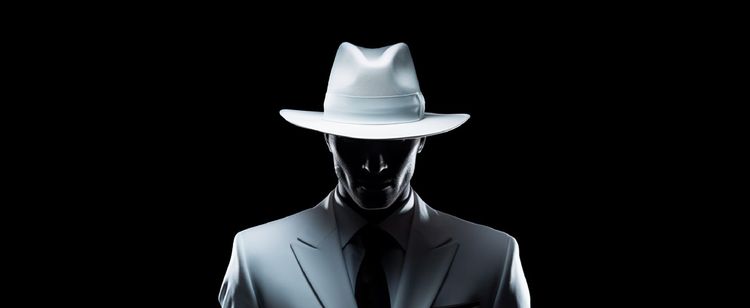 Man in a white fedora against a stark black background. Eyes covered and wearing a matching silver-grey suit.