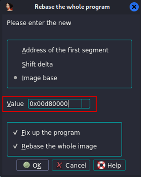 Screenshot of the base address being added to WinDbg