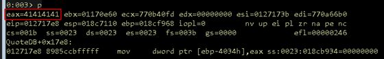 Screenshot of WinDbg after testing the opcode