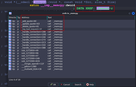 Screenshot with all instances of the function being called