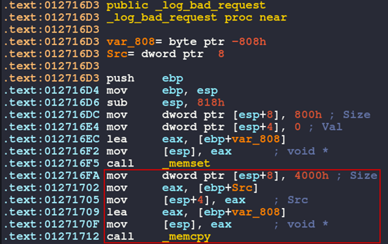 Screenshot highlighting the memcpy function call setup