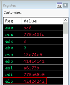 Screenshot of the overwritten EIP