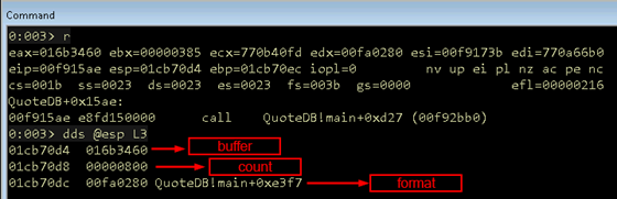 Screenshot of snprintf arguments