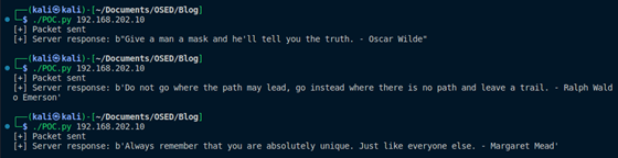 Screenshot of the server responses