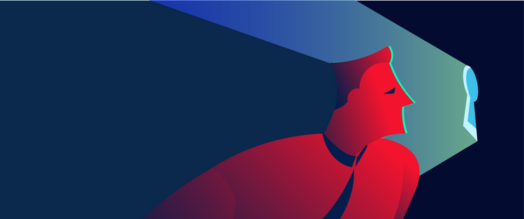 An animated man in red looking through a keyhole