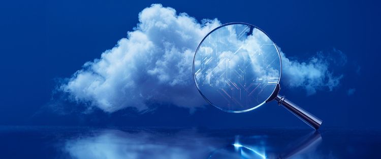 A magnifying glass held up to a cloud with a digital matrix crossing the lens