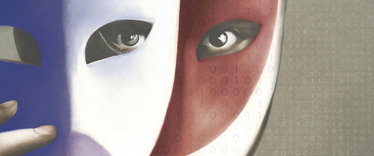 A person holding a blue mask over a red mask