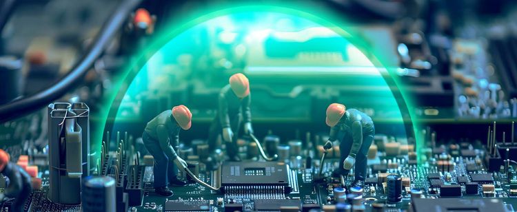 A glowing sphere with 3 workers inside building a circuit board