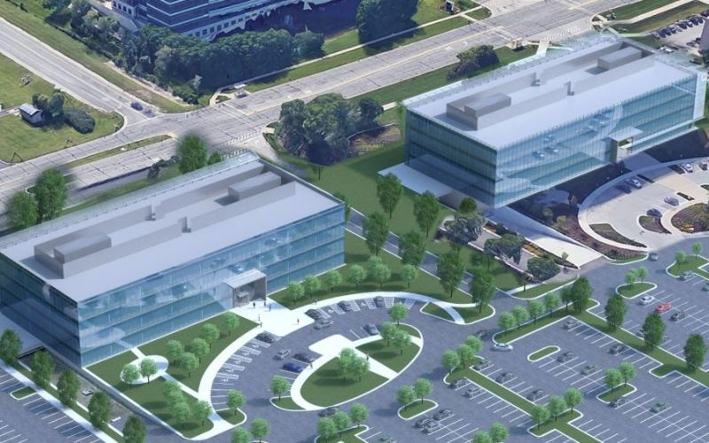 An aerial view of the outside of the headquarters.
