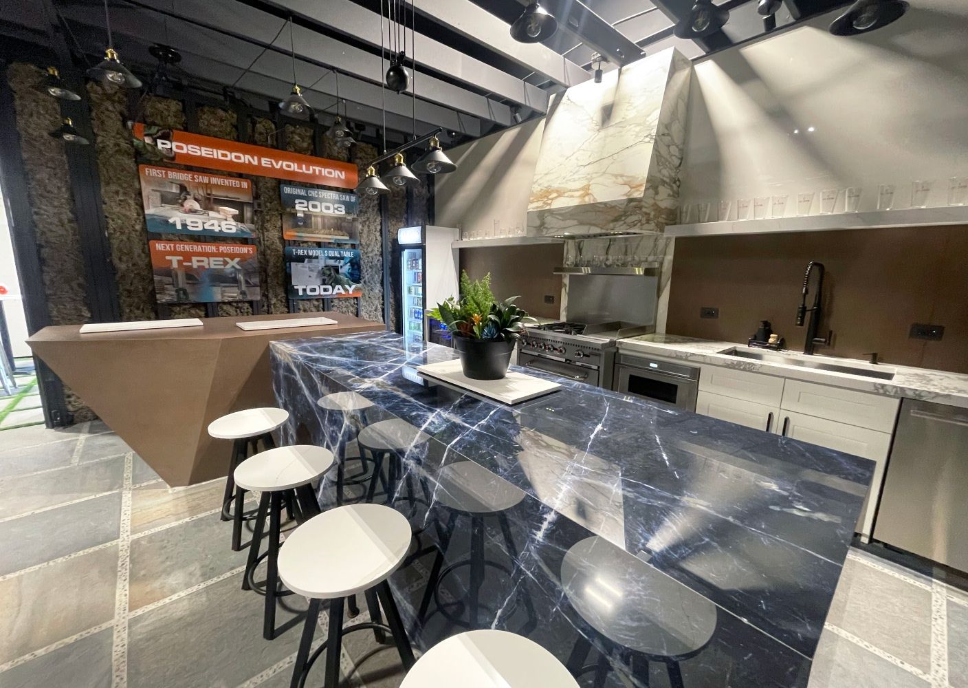 Navy Blue Marbled Countertop in Kitchen at Atlantis Granite & Quartz Showroom