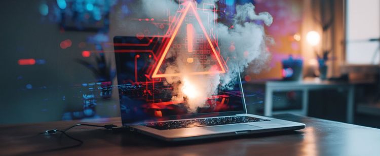 A smoking laptop with a red warning triangle overlayed