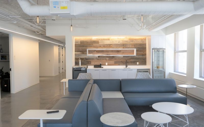View of the couches and seating options across from the break room.