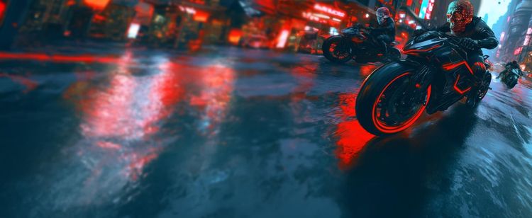 A cybercrime gang on motorcycles riding through the street