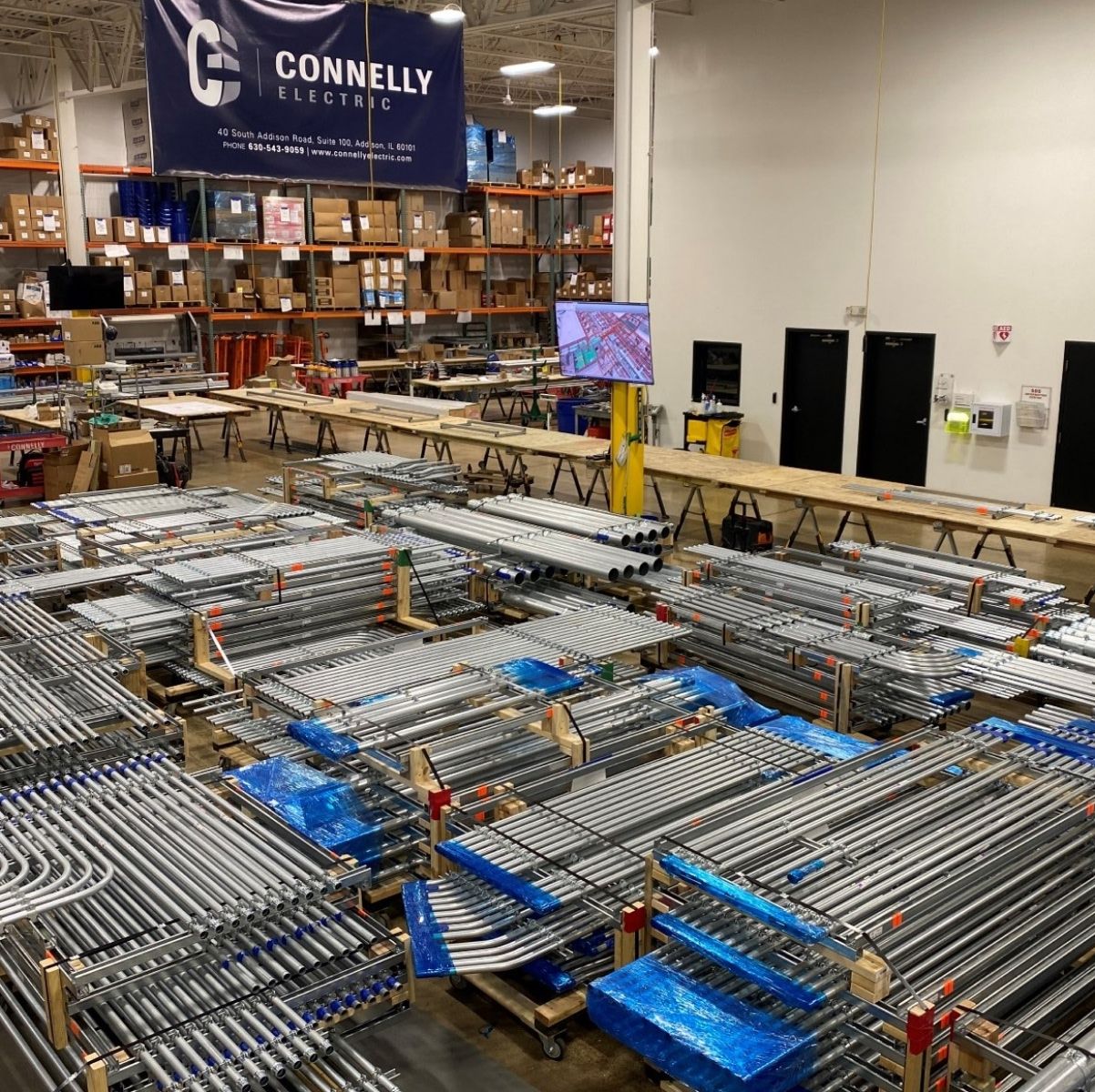 Conduits filling the prefabrication center at Connelly Electric in Addison, IL.