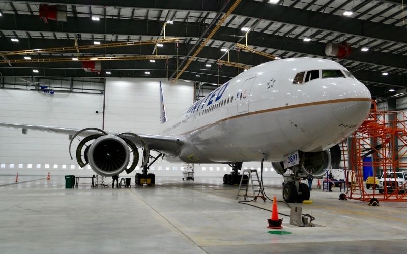 The United Hangar displaying various ceiling lights and a United airplane.