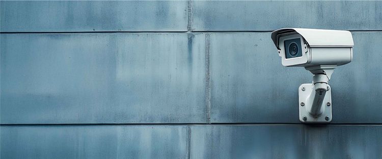 A security camera positioned against a grey wall