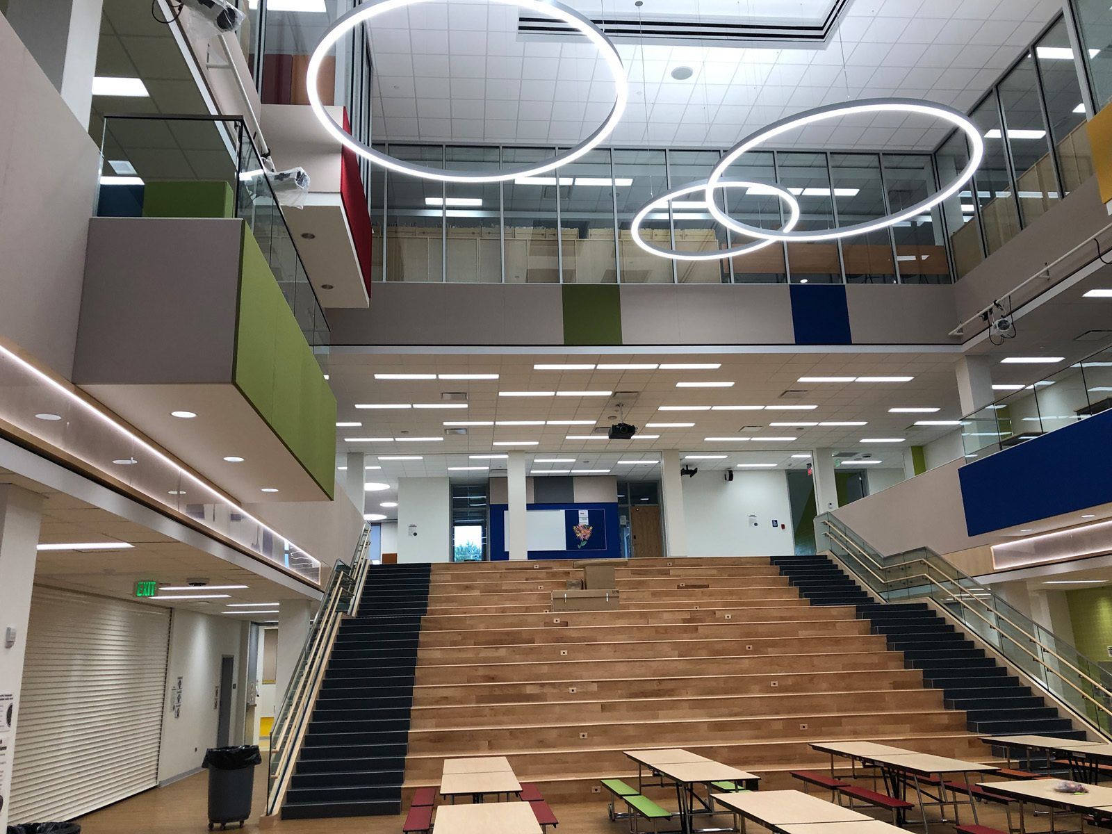 The entrance of the East Prairie School showing some stairs.