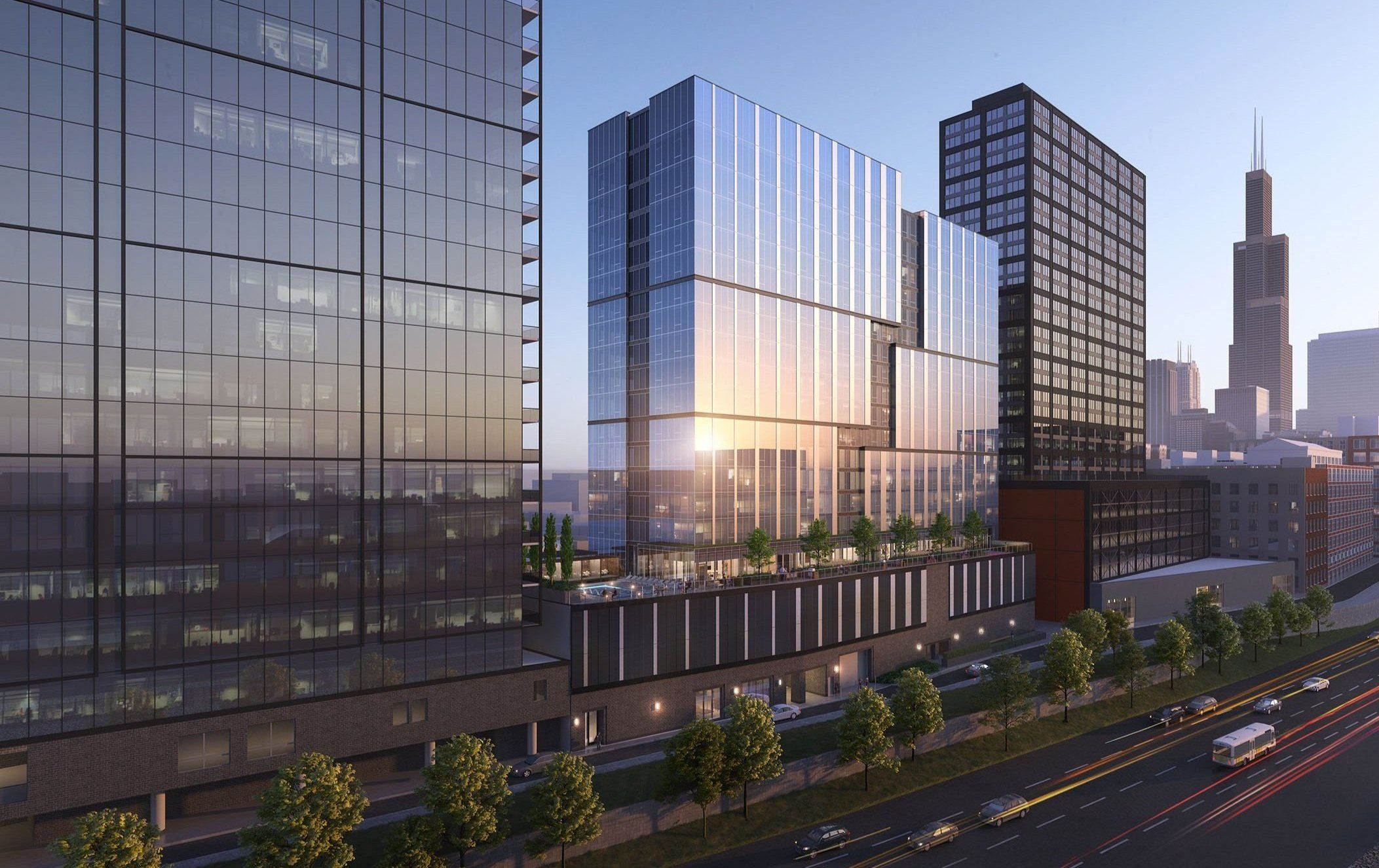 The exterior view of three high-rise buildings in Chicago, including 1101 W. Van Buren.