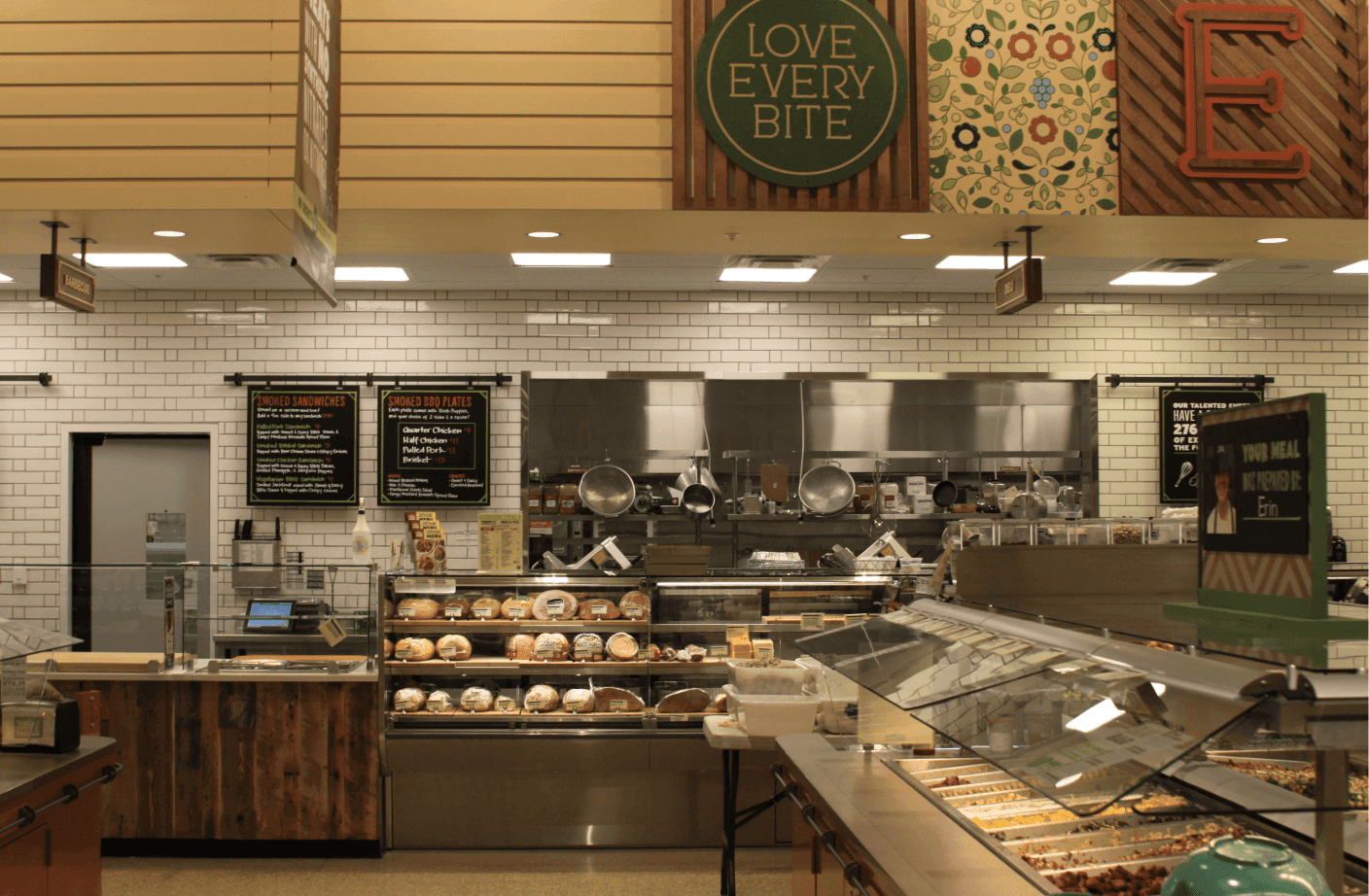 The bakery area inside of the Whole Foods supermarket.