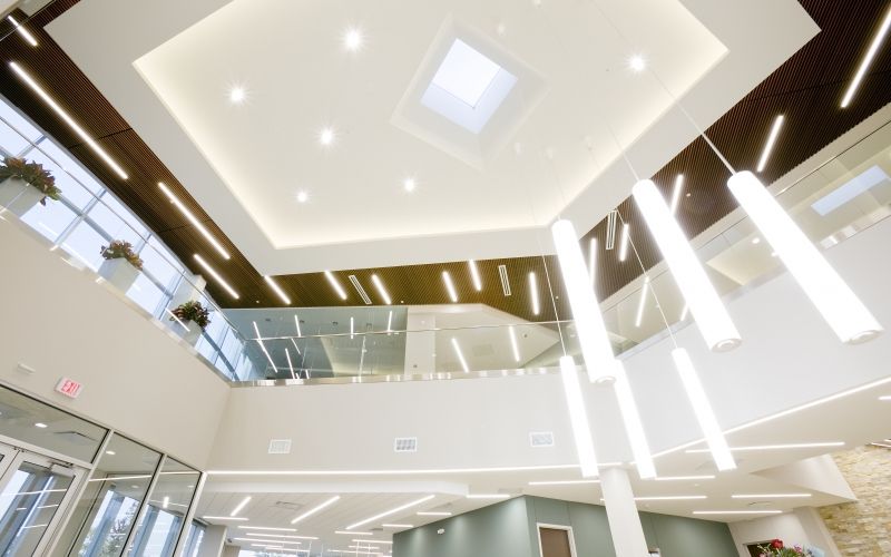 The view of the ceiling showing rounded and linear pendants and a skylight.