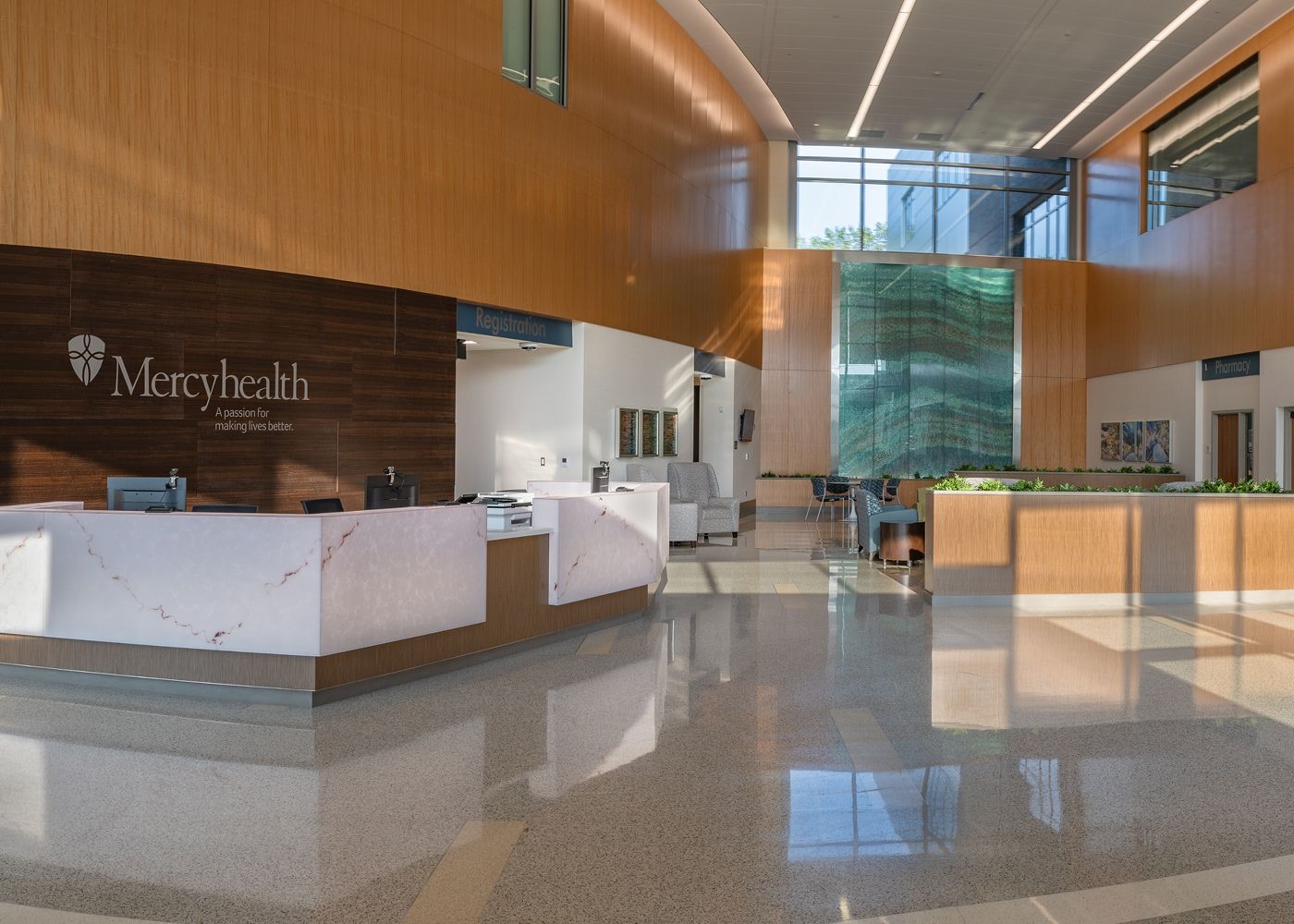 The lobby welcome desk at Mercy Health.