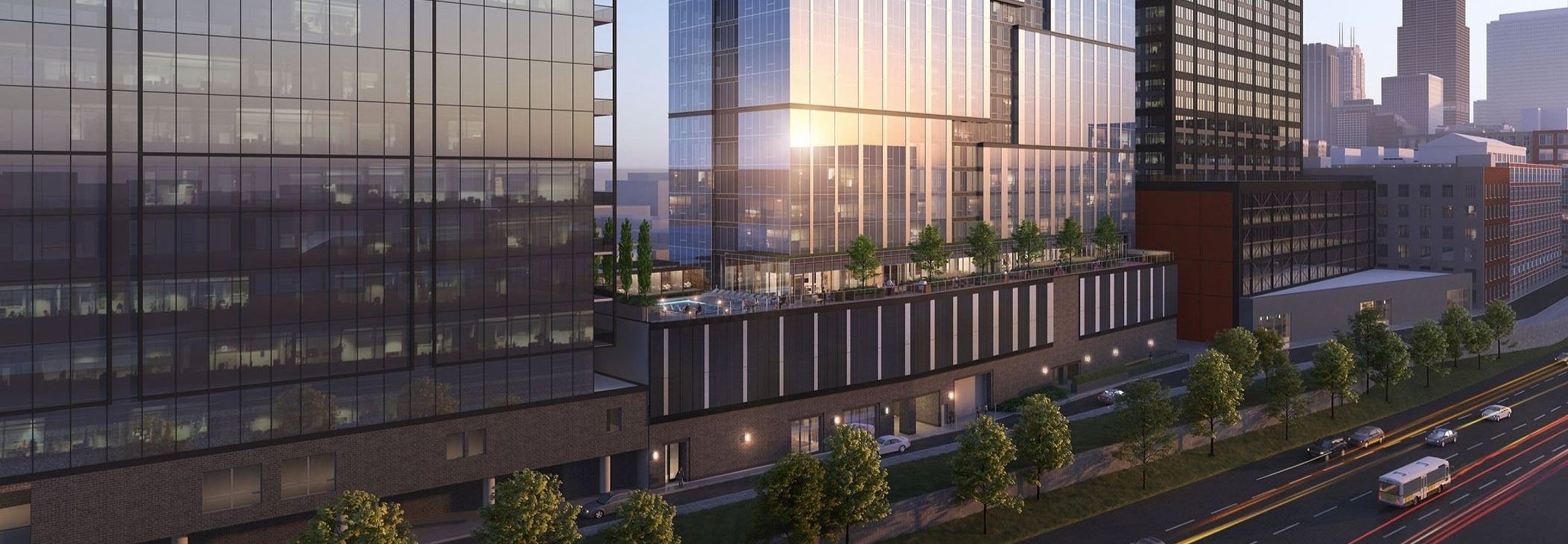 The exterior view of three high-rise buildings in Chicago, including 1101 W. Van Buren.