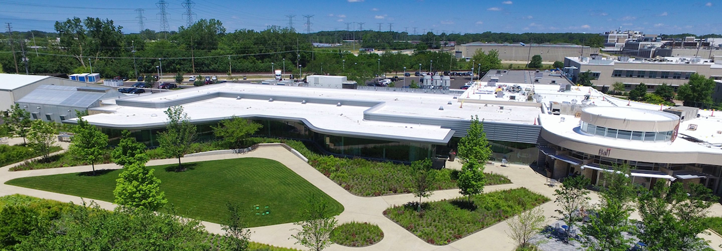 Outside of the Ball Horticultural Innovation Center, showing greenery