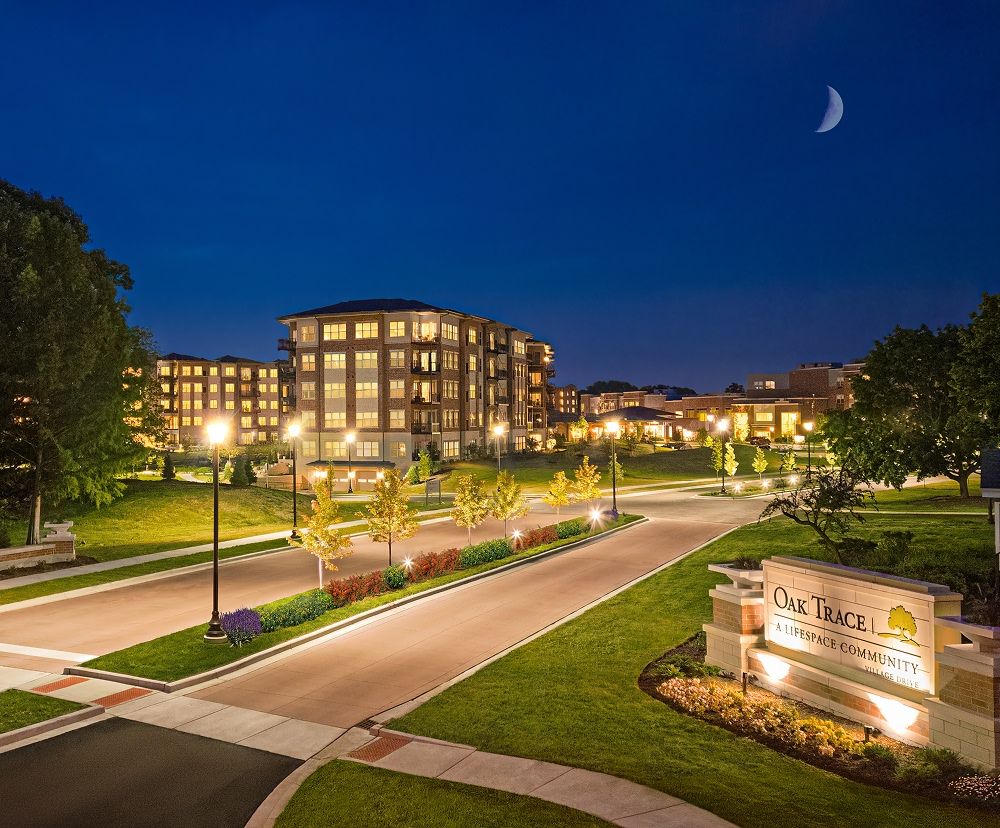Oak Trace beautifully illuminated at night.