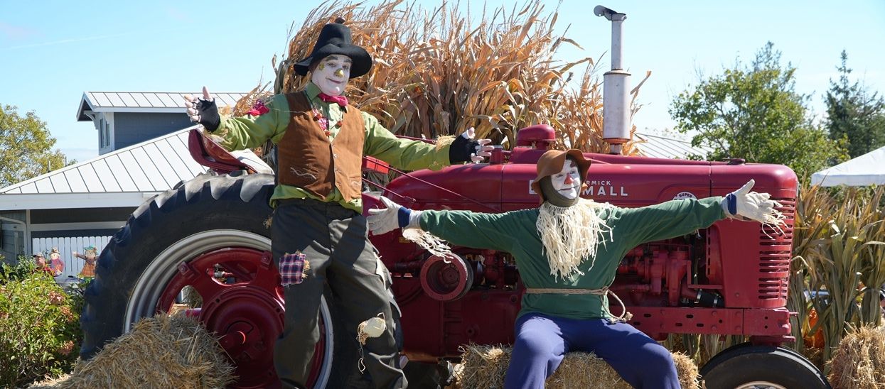 two scarecrows leaning against a tractor