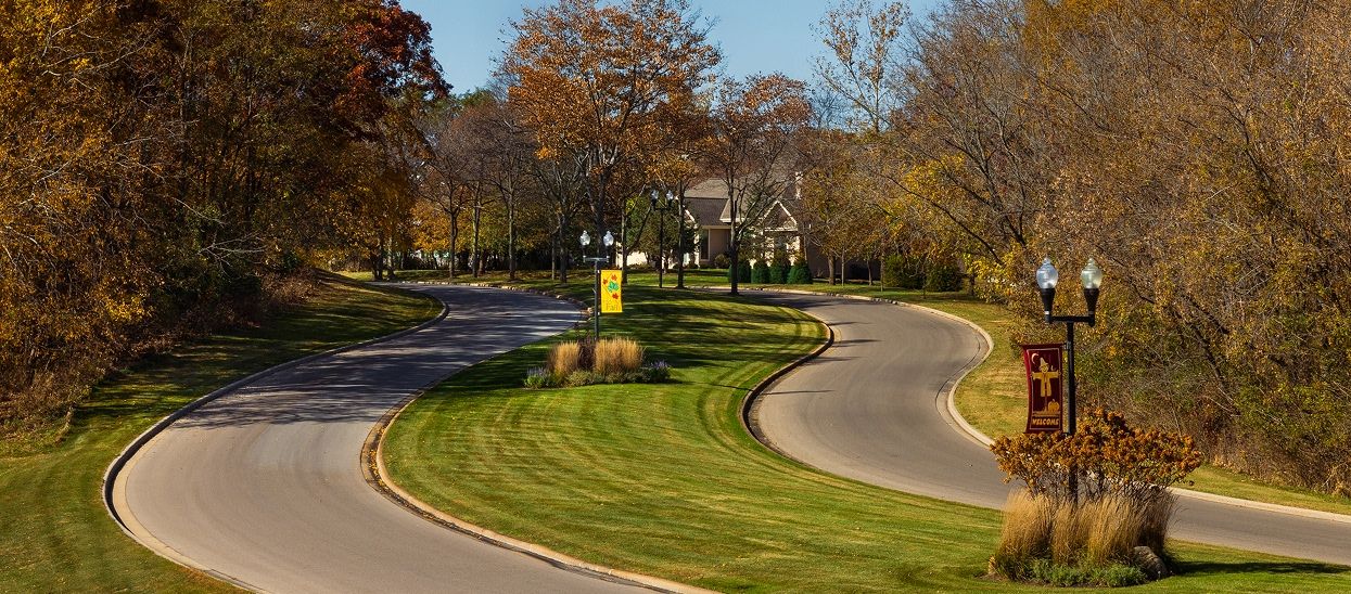 winding road entrance with trees during autumn