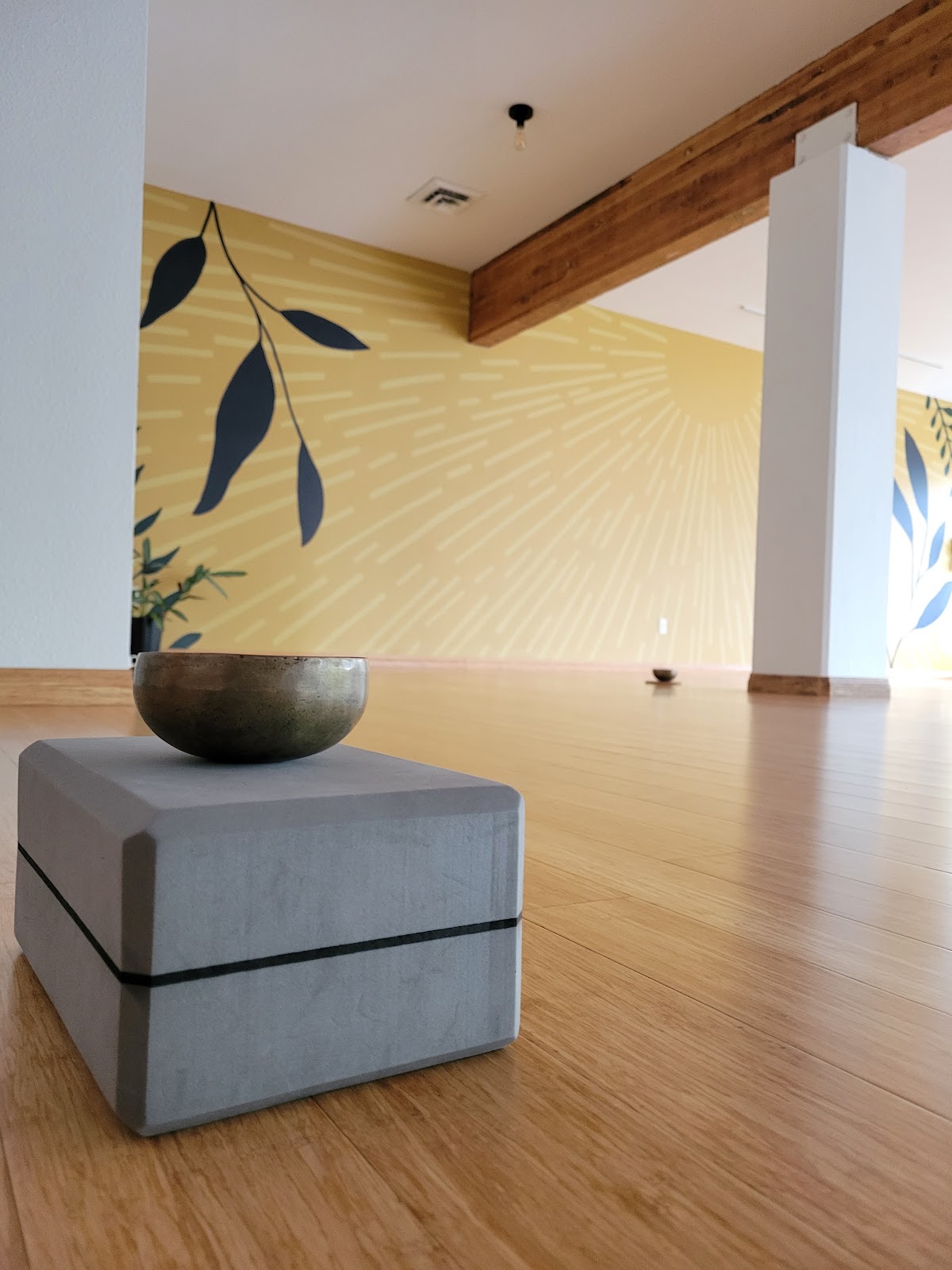 Common People Yoga studio with a singing bowl and sunburst mural