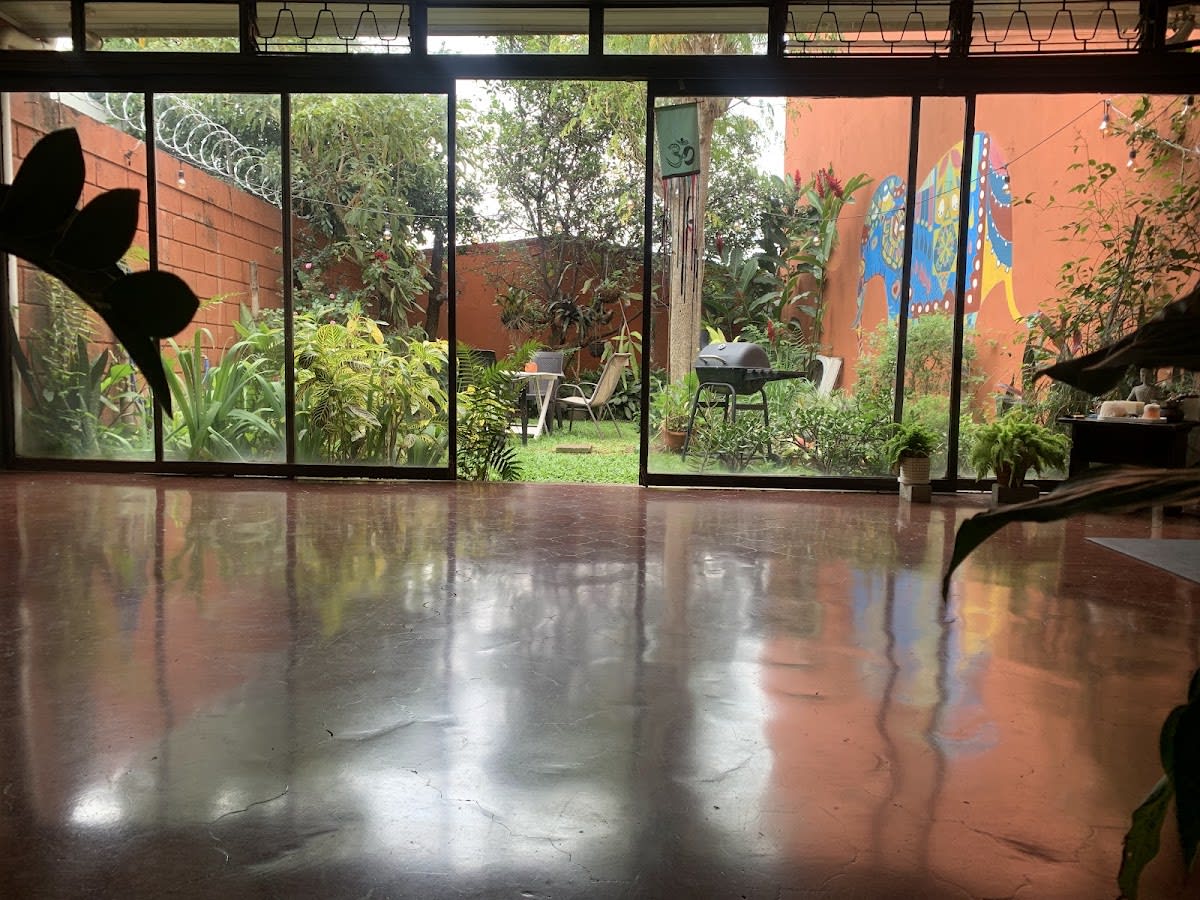Una instructora ajusta los hombros de su estudiante mientras el humo del incienso captura la luz dorada de la tarde en un estudio de yoga al aire libre, con plantas vivas desenfocadas y un perro descansando en la esquina del tapete.