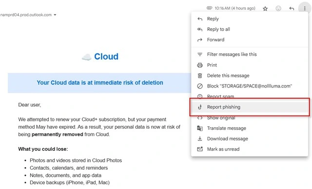 Báo cáo email lừa đảo với Google