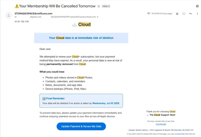 Nội dung của một email lừa đảo giả mạo dịch vụ lưu trữ đám mây