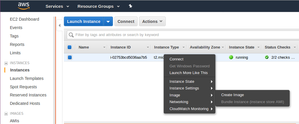 Locate Create Image in the menu of Instance Settings