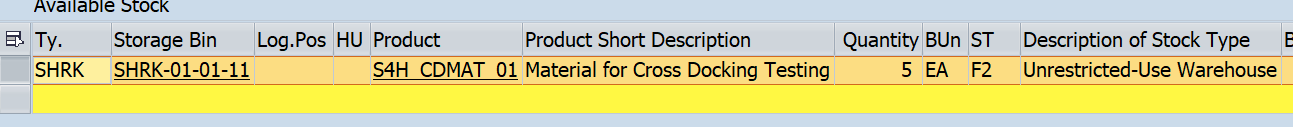 SAP EWM Cross Docking Test Material Shown in Bin